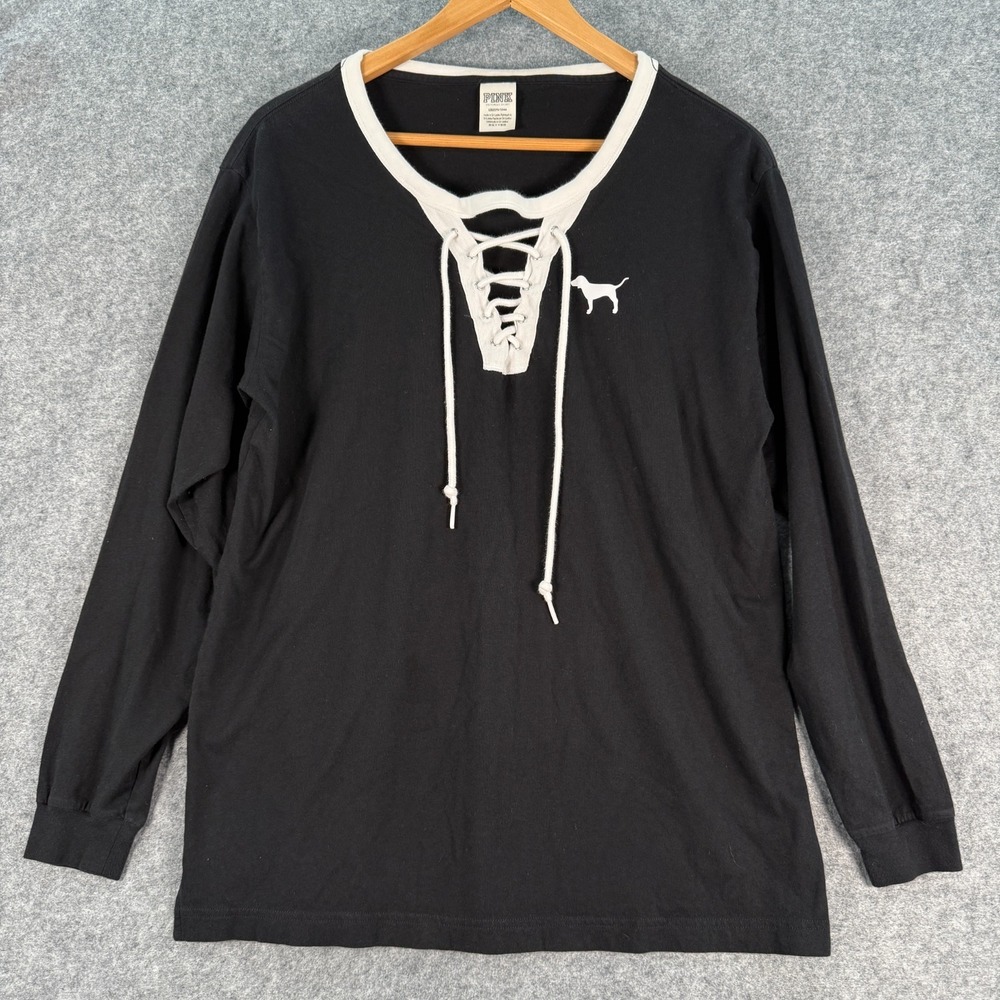Victoria's‎ Secret Pink Womens Lace Up L/S Shirt Top Black Large L Lounge Cozy